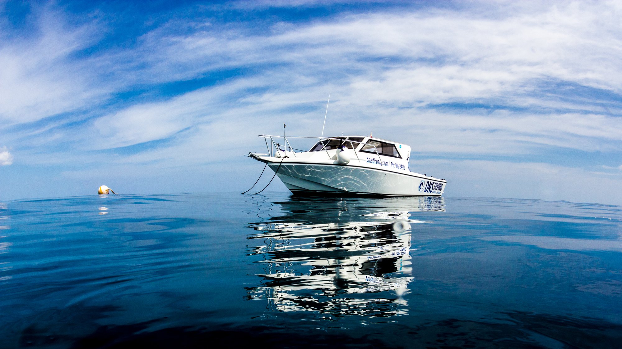 DNS Diving's boat Arieality on calm blue water in Grand Cayman, with its reflection and the DNS Diving branding on the hull